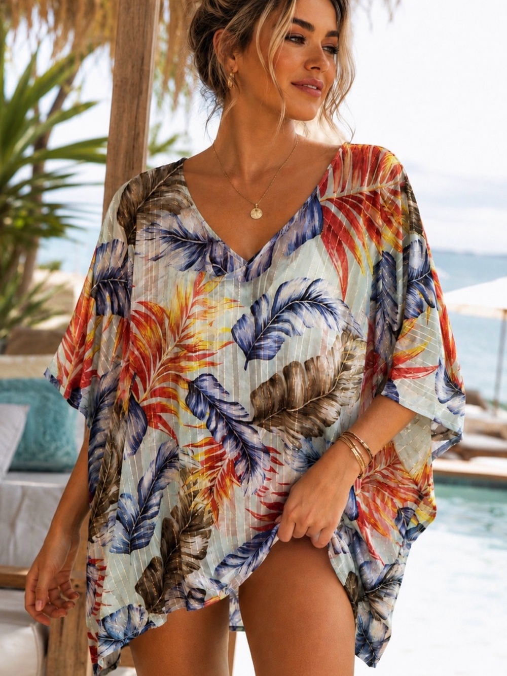 Meritt Tropical Leaf Sheer Kimono Swim Cover Up Tunic Gold Shimmer, oversized LG